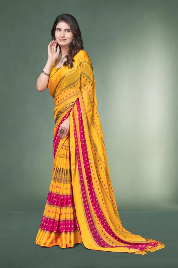 Yellow_And_Pink_Bandhani_Print_Saree_With_Mirror_Work