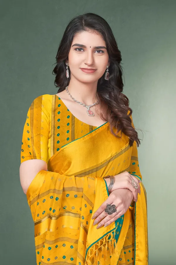 Yellow_Cotton_Silk_Saree_With_Green_Border_And_Mirror_Work