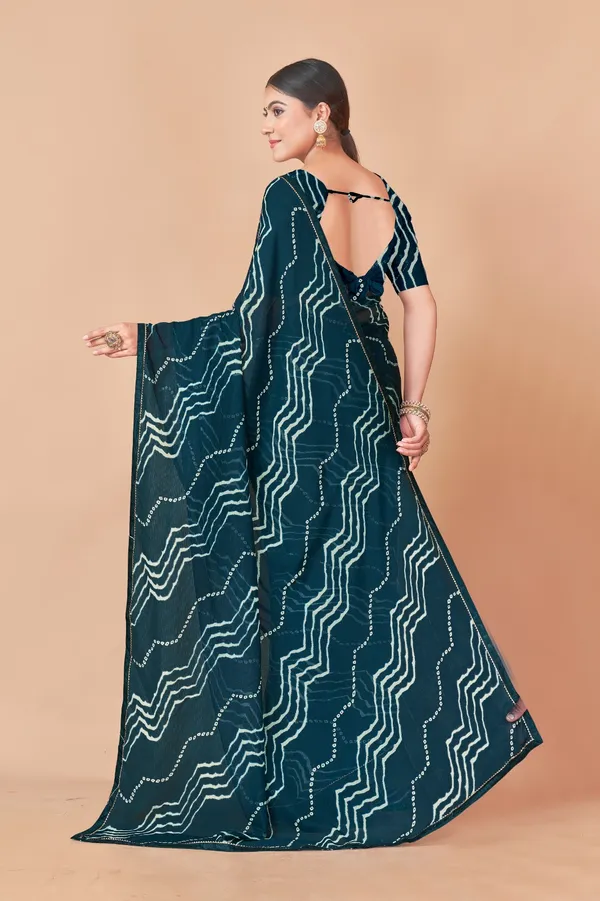 Teal_Blue_Bandhani_Print_Saree_With_Blouse