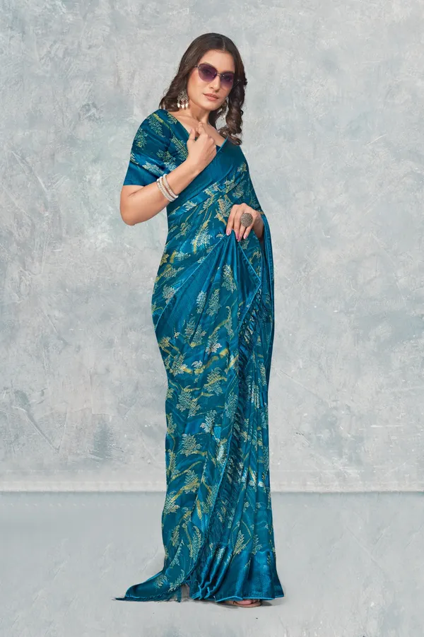 Teal_Blue_Jacquard_Saree_With_Golden_Floral_Weave_And_Tassel_Border