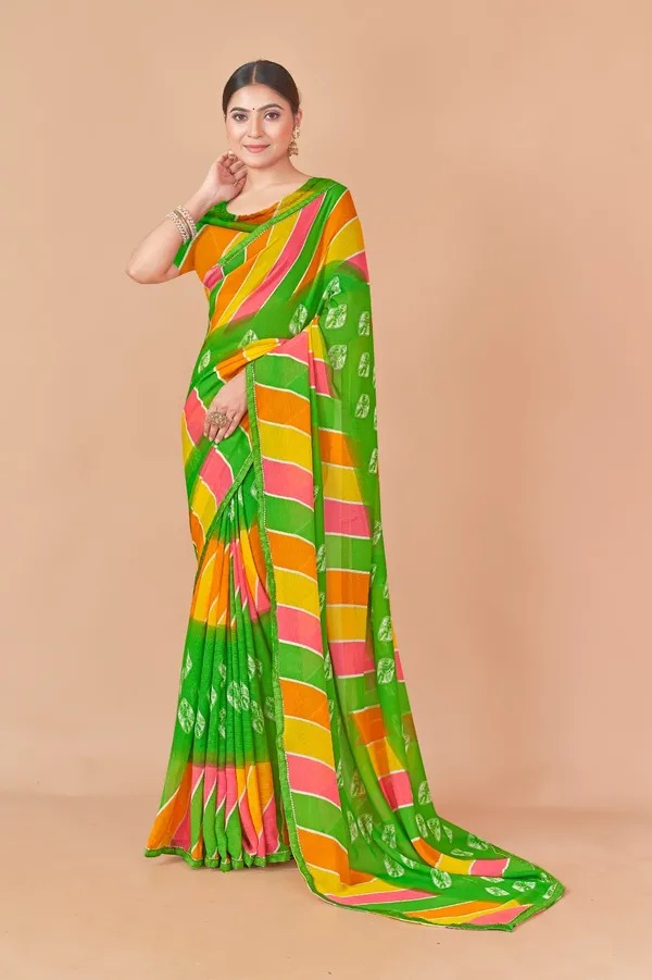 Green_Leheriya_Saree_With_Multicolor_Stripes_And_Gota_Patti_Work