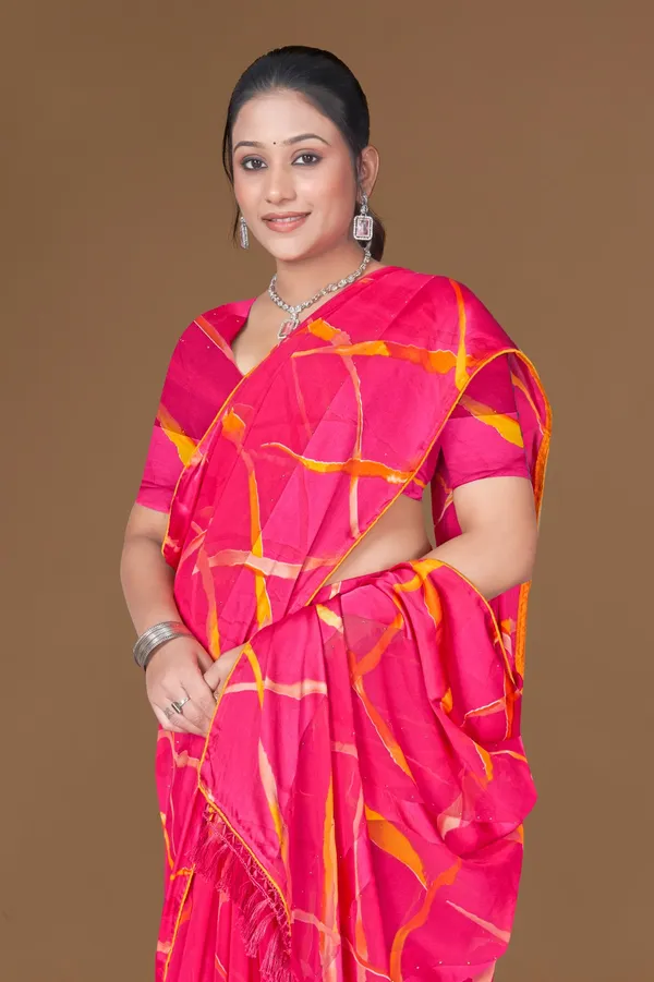 Vibrant_Pink_Leheriya_Print_Satin_Silk_Saree_With_Orange_Border_And_Tassels