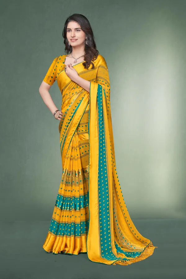 Yellow_Cotton_Silk_Saree_With_Green_Border_And_Mirror_Work