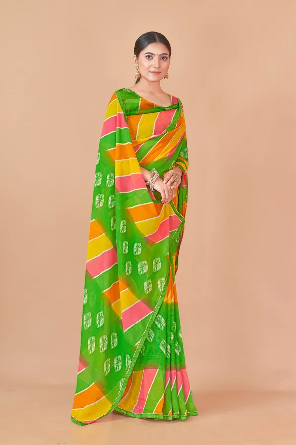 Green_Leheriya_Saree_With_Multicolor_Stripes_And_Gota_Patti_Work