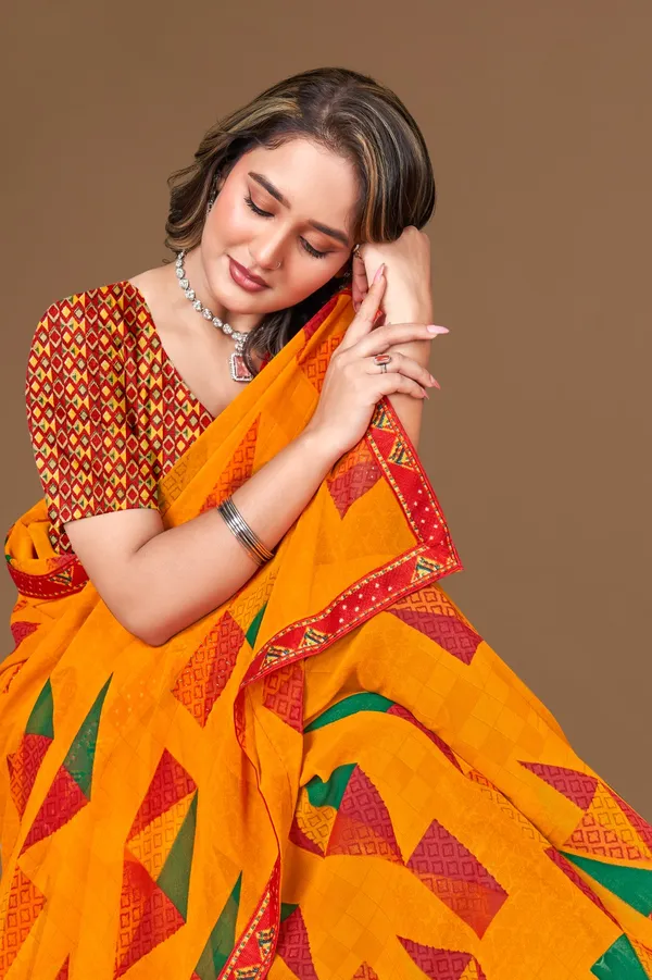 Vibrant_Orange_Saree_With_Geometric_Print_And_Red_Border