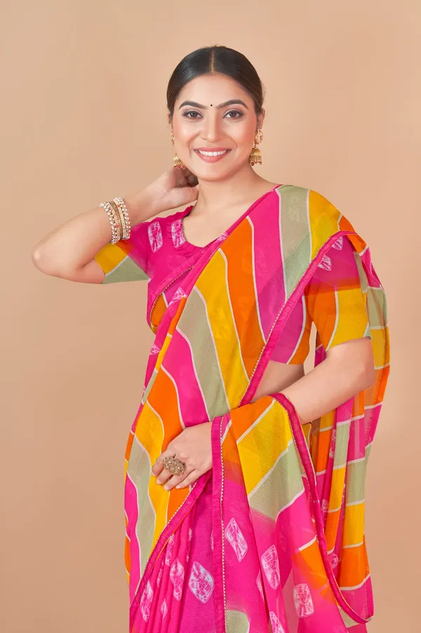 Vibrant_Pink_And_Yellow_Striped_Leheriya_Saree_With_Traditional_Motifs