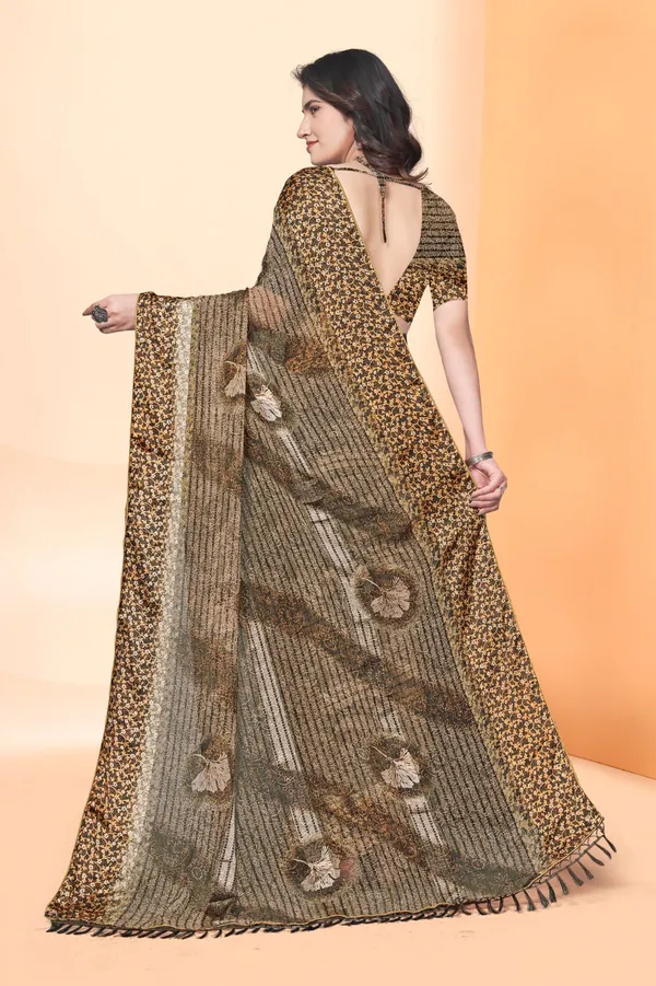Brown_And_Gold_Printed_Saree_With_Sequin_Border_And_Tassels