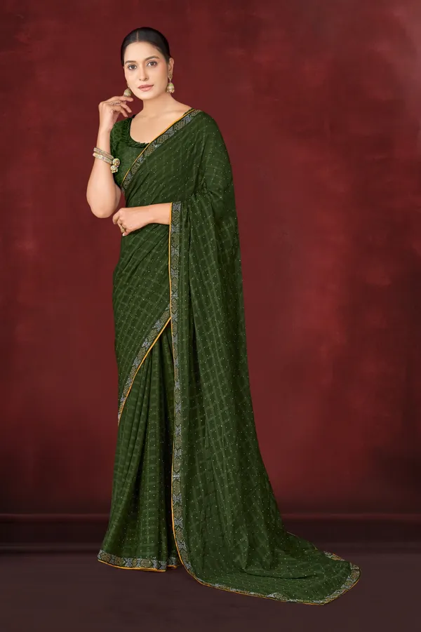 Dark_Green_Sequin_Embellished_Georgette_Saree_With_Golden_Border