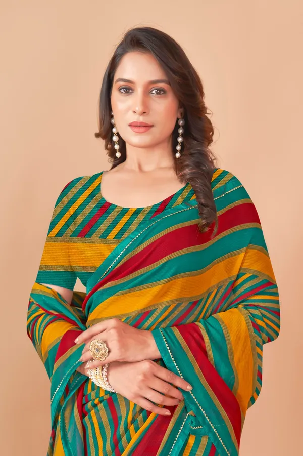 Multicolor_Striped_Georgette_Saree_With_Matching_Blouse