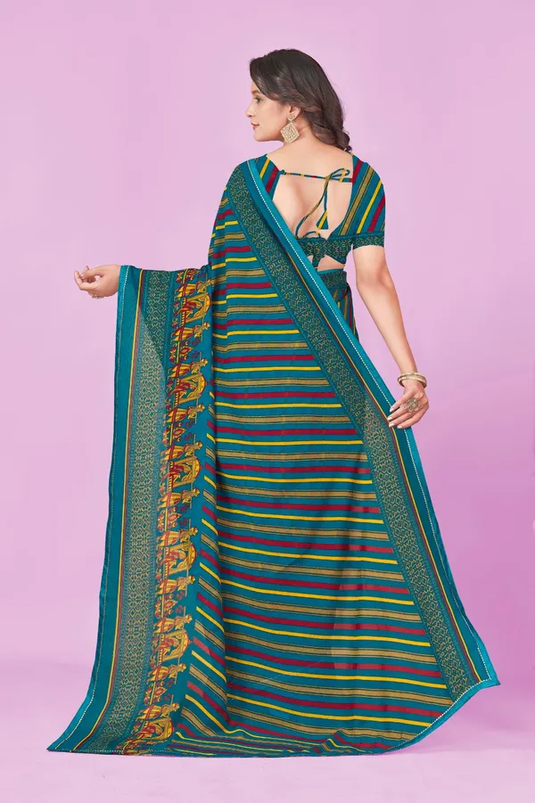 Teal_Multicolor_Striped_Printed_Saree_With_Blouse