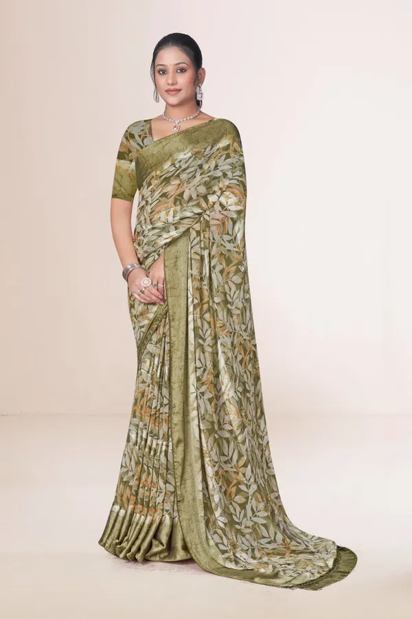 Olive_Green_Floral_Print_Saree_With_Leaf_Pattern_And_Border