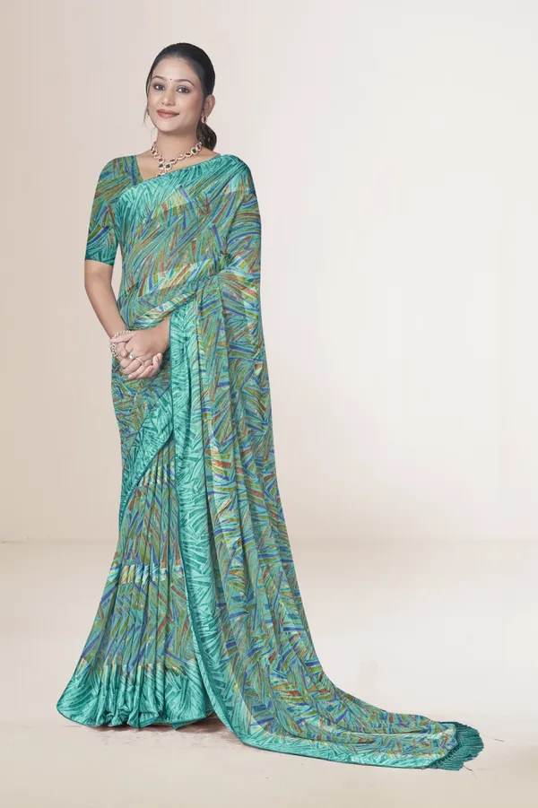 Turquoise_Printed_Saree_With_Matching_Blouse