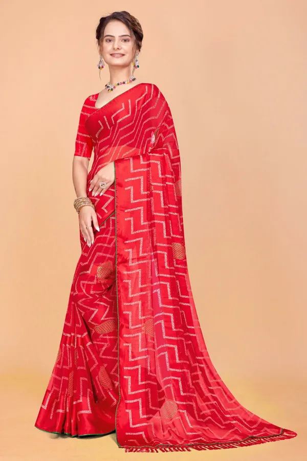 Red_Georgette_Saree_With_Golden_Zigzag_Pattern_And_Sequin_Work