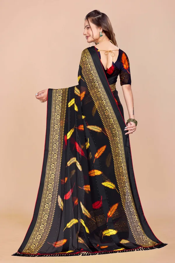 Black_Feather_Print_Saree_With_Golden_Border
