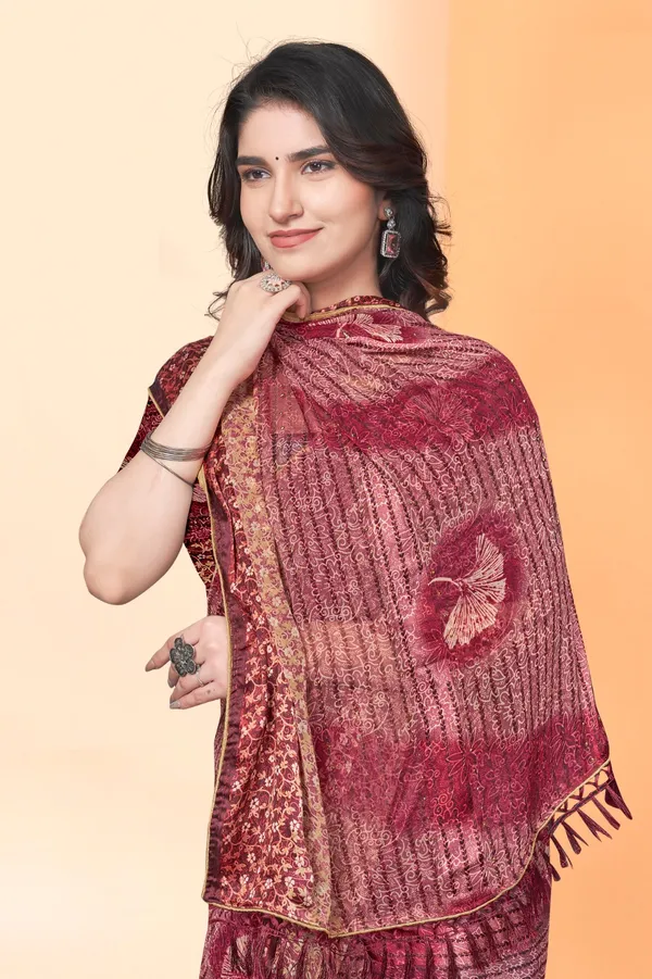 Maroon_Bandhani_Print_Linen_Silk_Saree_With_Matching_Blouse