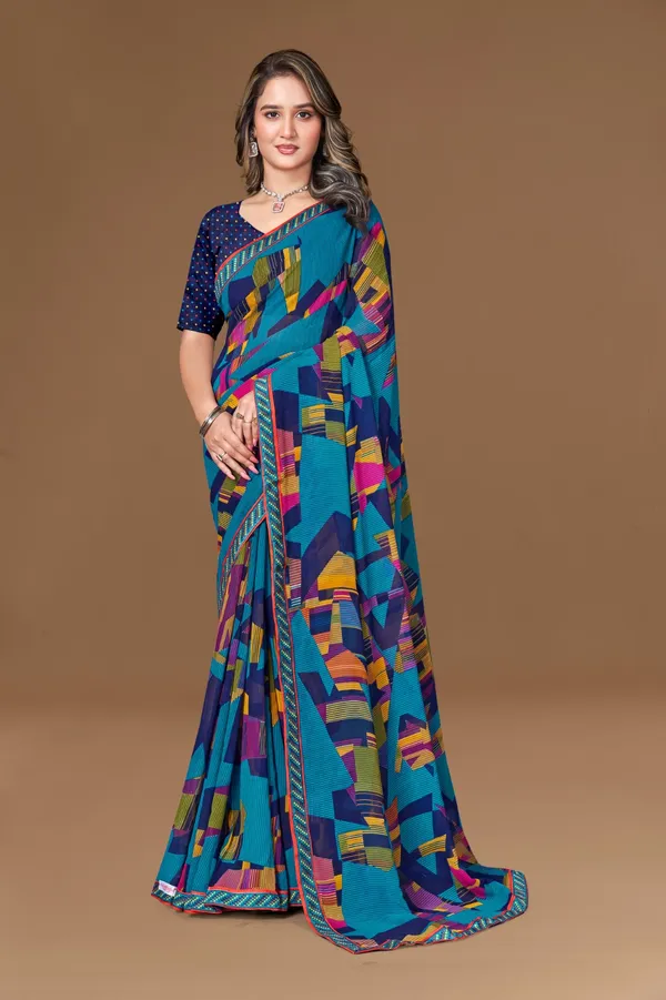 Vibrant_Multicolor_Abstract_Print_Georgette_Saree_With_Navy_Blue_Polka_Dot_Blouse