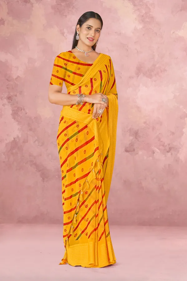 Yellow_Bandhani_Print_Georgette_Saree_With_Red_Leheriya_Pattern