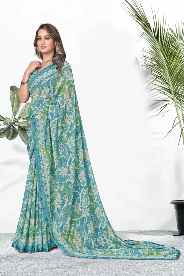 Turquoise_Blue_&_Green_Floral_Printed_Saree_With_Matching_Blouse