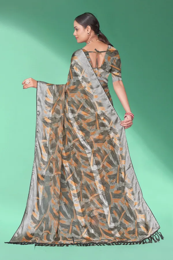 Grey_&_Orange_Printed_Linen_Saree_With_Tassels