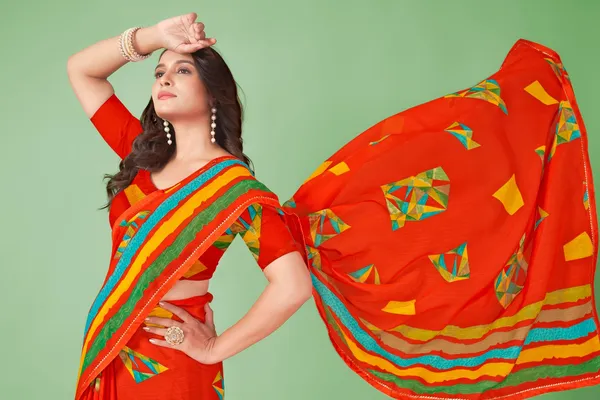 Orange_Saree_With_Geometric_Print_And_Colorful_Border