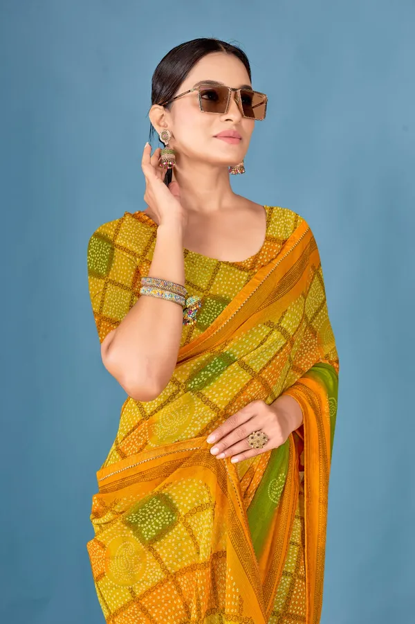 Women_Yellow_And_Green_Checkered_Bandhani_Saree_With_Blouse