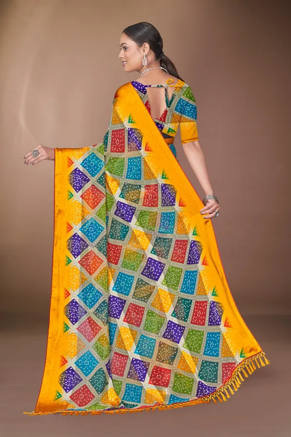Multicolor_Checkered_Bandhani_Silk_Saree_With_Yellow_Border