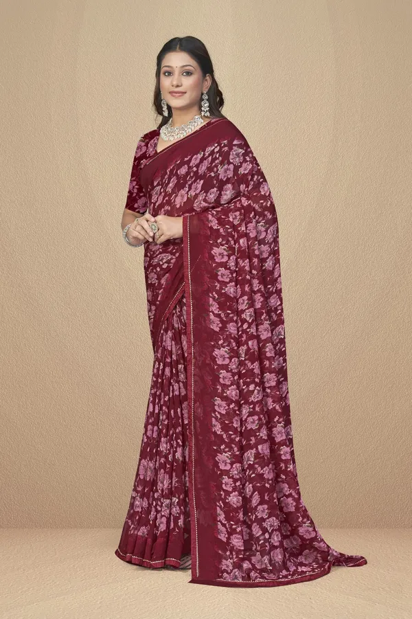 Maroon_Floral_Print_Georgette_Saree_With_Blouse