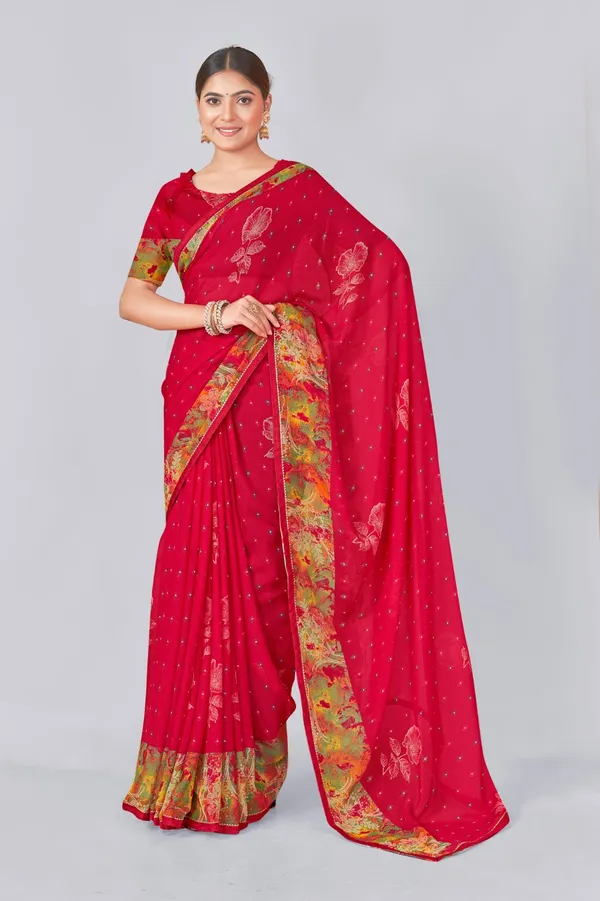 Red_Silk_Saree_With_Floral_Print_Border_And_Golden_Trim
