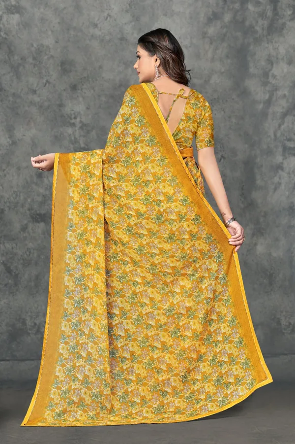 Yellow_Floral_Print_Georgette_Saree_With_Matching_Blouse