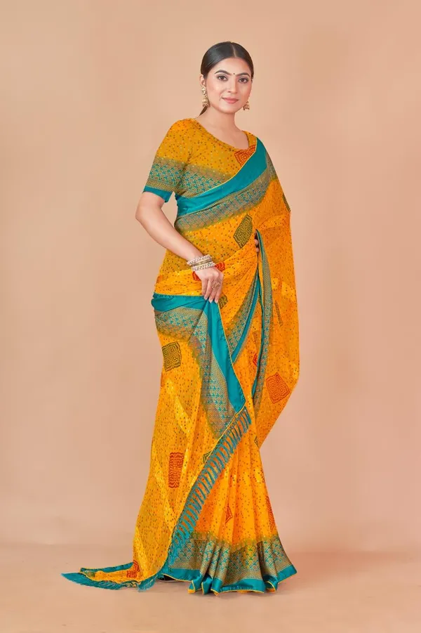 Yellow_Bandhani_Silk_Saree_With_Teal_Border_And_Multicolor_Motifs
