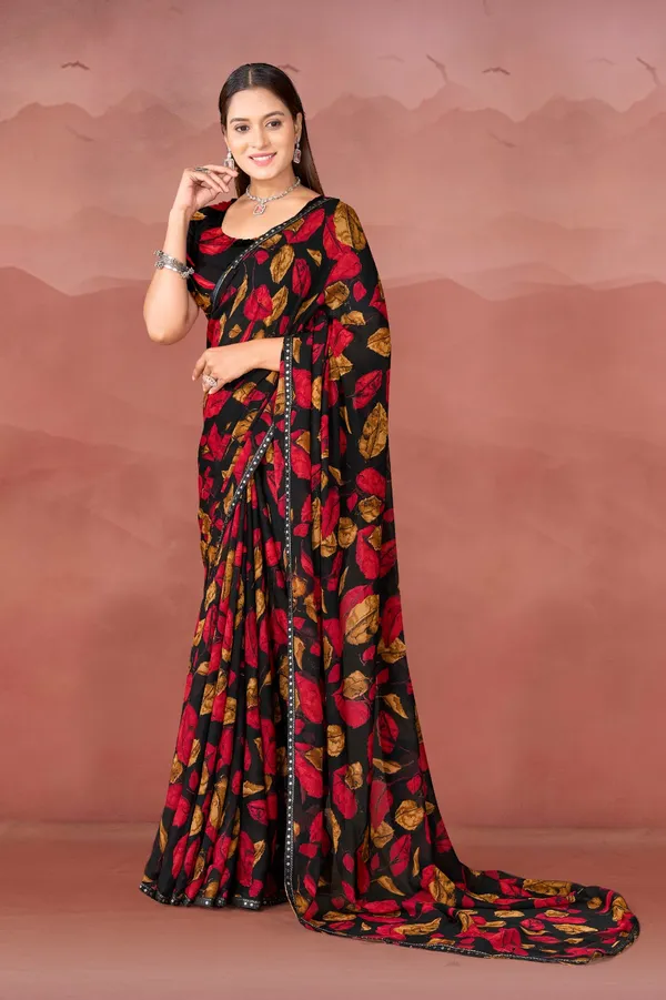 Black_Floral_Print_Saree_With_Red_And_Gold_Motifs