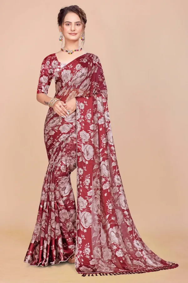 Maroon_Floral_Print_Saree_With_Matching_Blouse