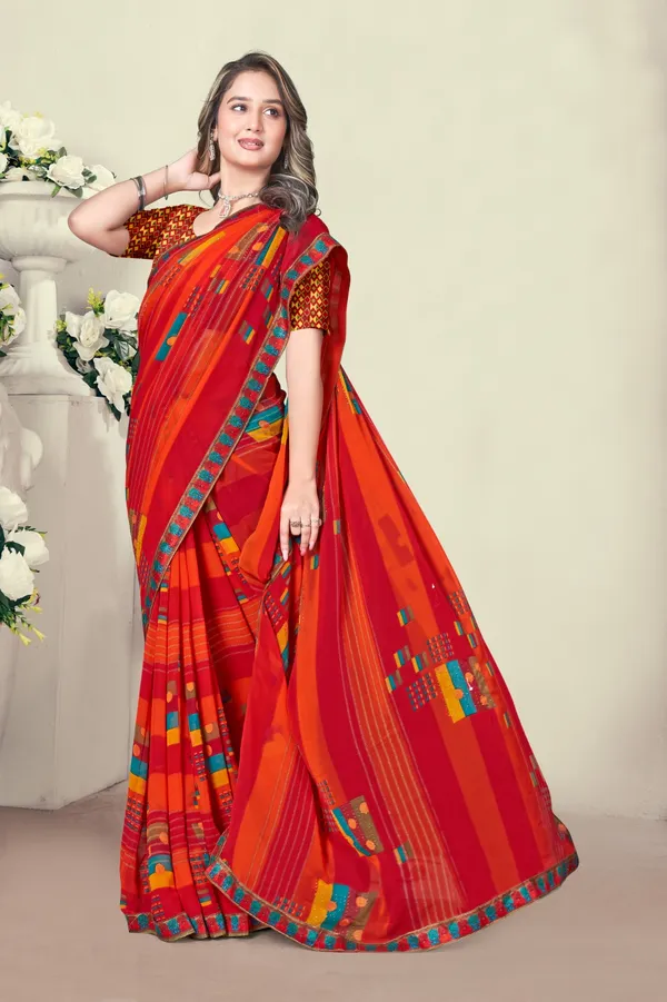 Vibrant_Red_And_Orange_Printed_Georgette_Saree_With_Blouse