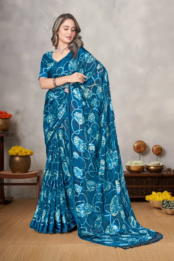 Blue_Floral_Print_Saree_With_Tassels