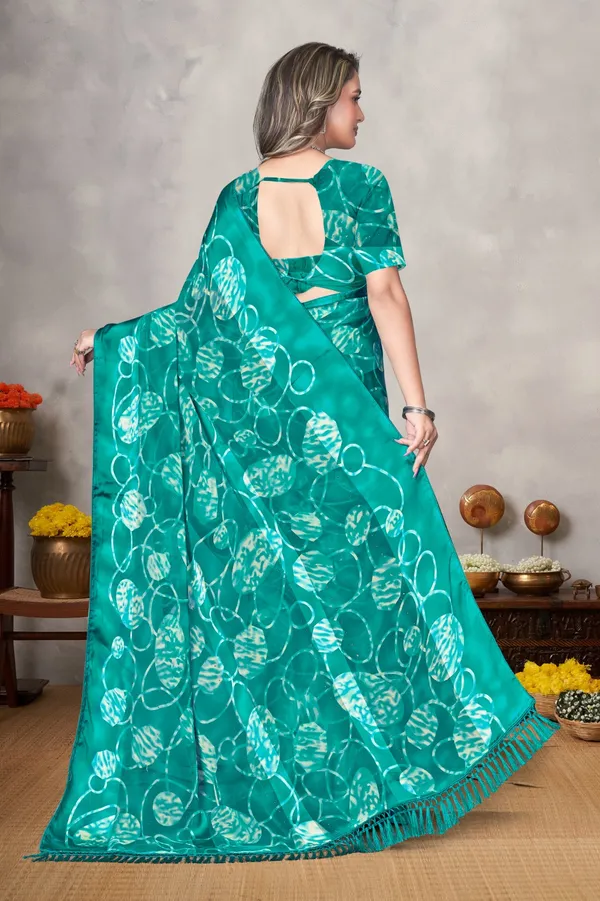 Turquoise_Floral_Print_Saree_With_Blouse_Piece