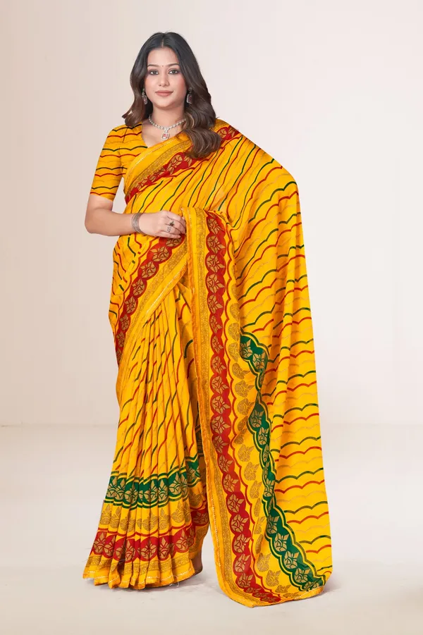 Traditional_Yellow_Leheriya_Saree_With_Red_And_Green_Border