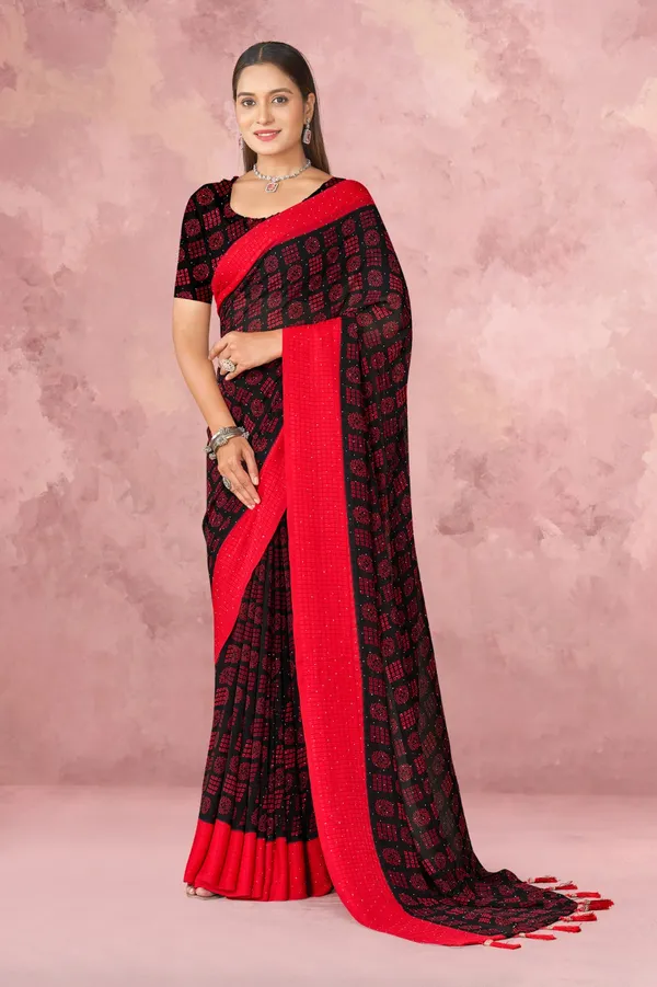 Black_And_Red_Printed_Saree_With_Matching_Blouse