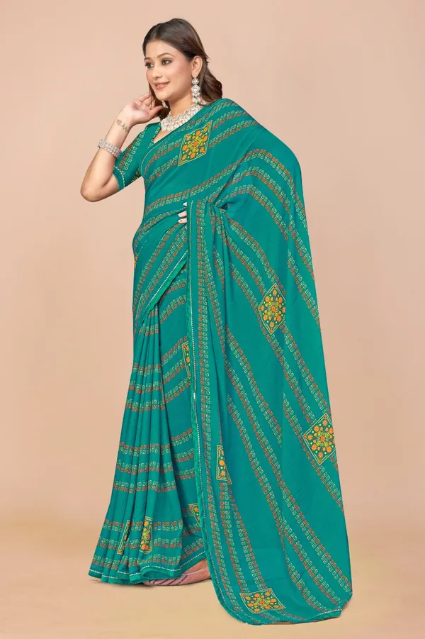 Teal_Green_Bandhani_Print_Saree_With_Floral_Embroidered_Patches
