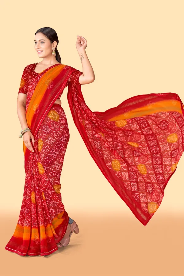 Red_And_Orange_Bandhani_Print_Saree_With_Golden_Border