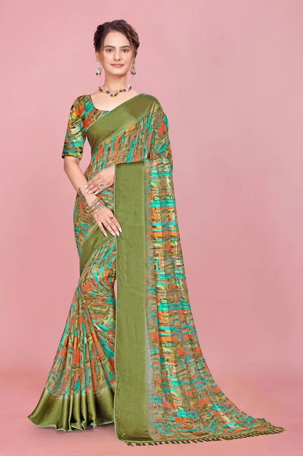 Olive_Green_Printed_Saree_With_Multicolor_Abstract_Print_And_Matching_Blouse