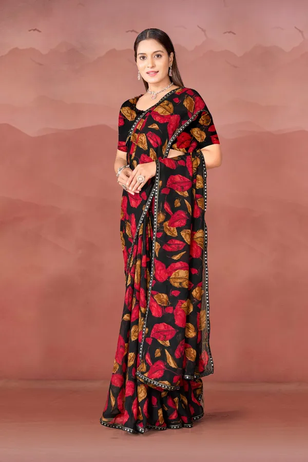 Black_Floral_Print_Saree_With_Red_And_Gold_Motifs