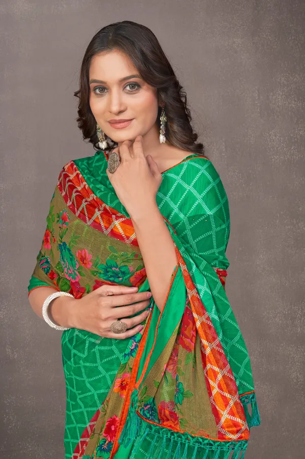 Multicolour_Silk_Saree_With_Floral_Dupatta_And_Checkered_Pattern
