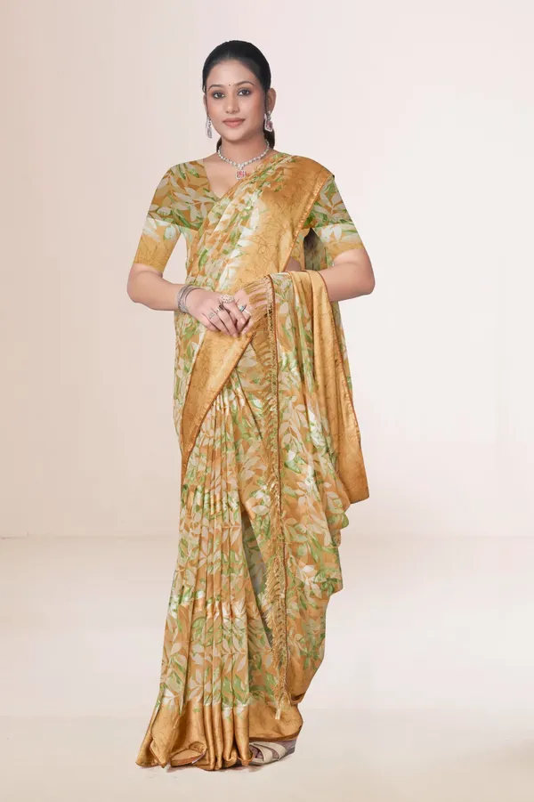 Mustard_Yellow_Floral_Print_Banarasi_Silk_Saree_With_Golden_Border