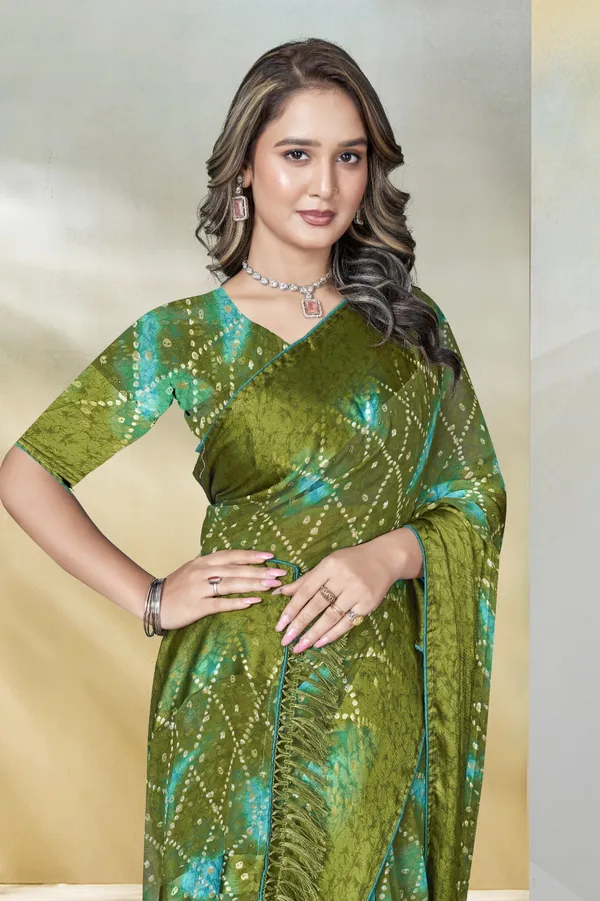 Olive_Green_And_Turquoise_Bandhani_Print_Saree_With_Sequin_Work