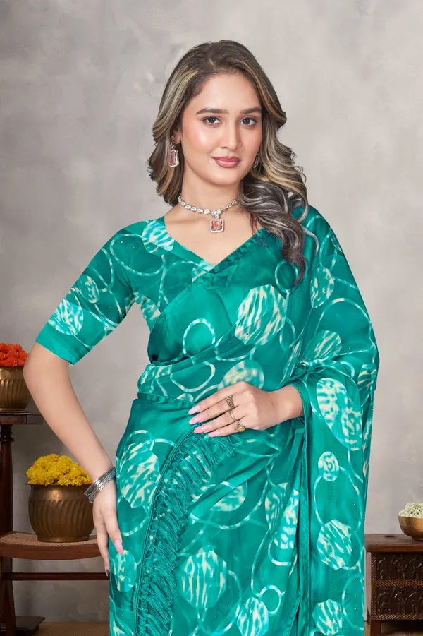Turquoise_Floral_Print_Saree_With_Blouse_Piece