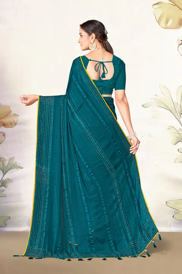 Elegant_Teal_Chiffon_Saree_With_Yellow_Border_And_Embellished_Detailing