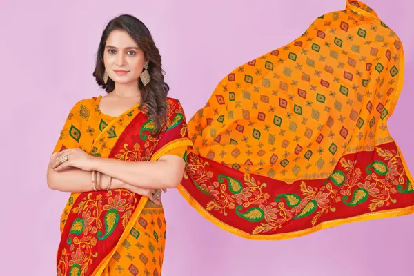 Vibrant_Orange_Bandhani_Print_Saree_With_Red_Floral_Border