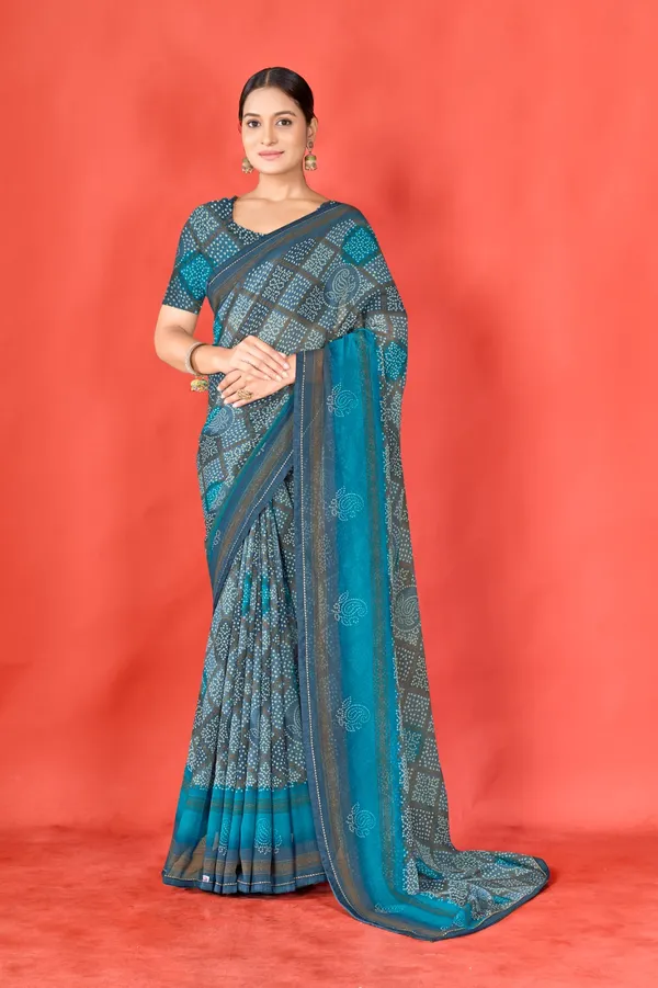 Grey_And_Teal_Bandhani_Print_Saree_With_Blouse