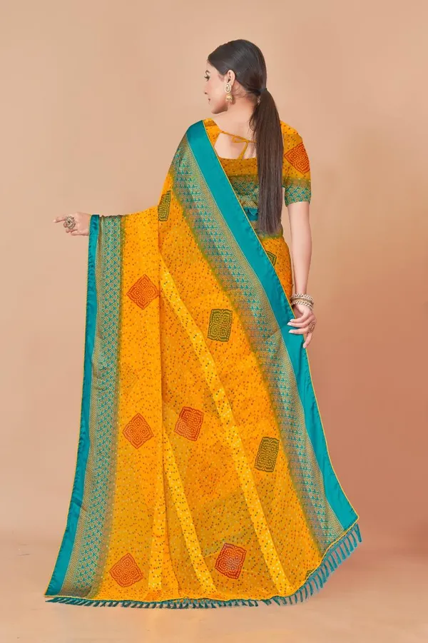 Yellow_Bandhani_Silk_Saree_With_Teal_Border_And_Multicolor_Motifs