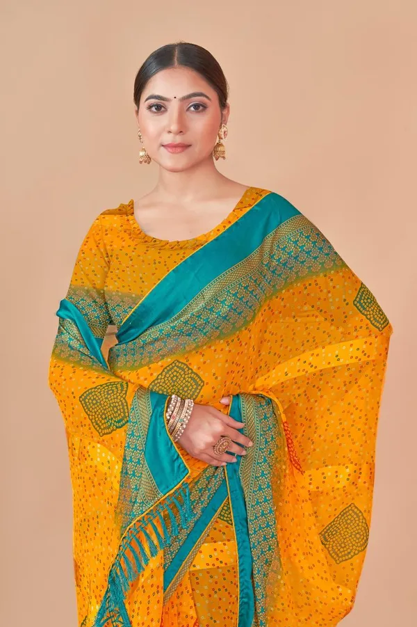 Yellow_Bandhani_Silk_Saree_With_Teal_Border_And_Multicolor_Motifs